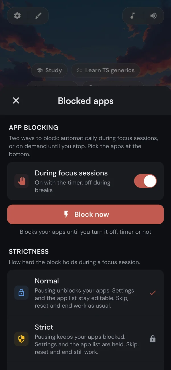 The Kaizen blocked apps sheet, with the focus-session switch, the Block now button, and the strictness levels