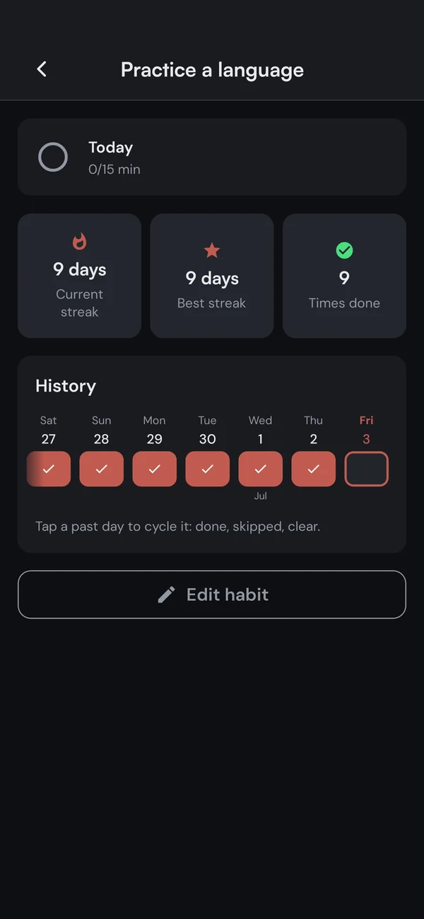 Kaizen habit detail page with streak stats and day-by-day history
