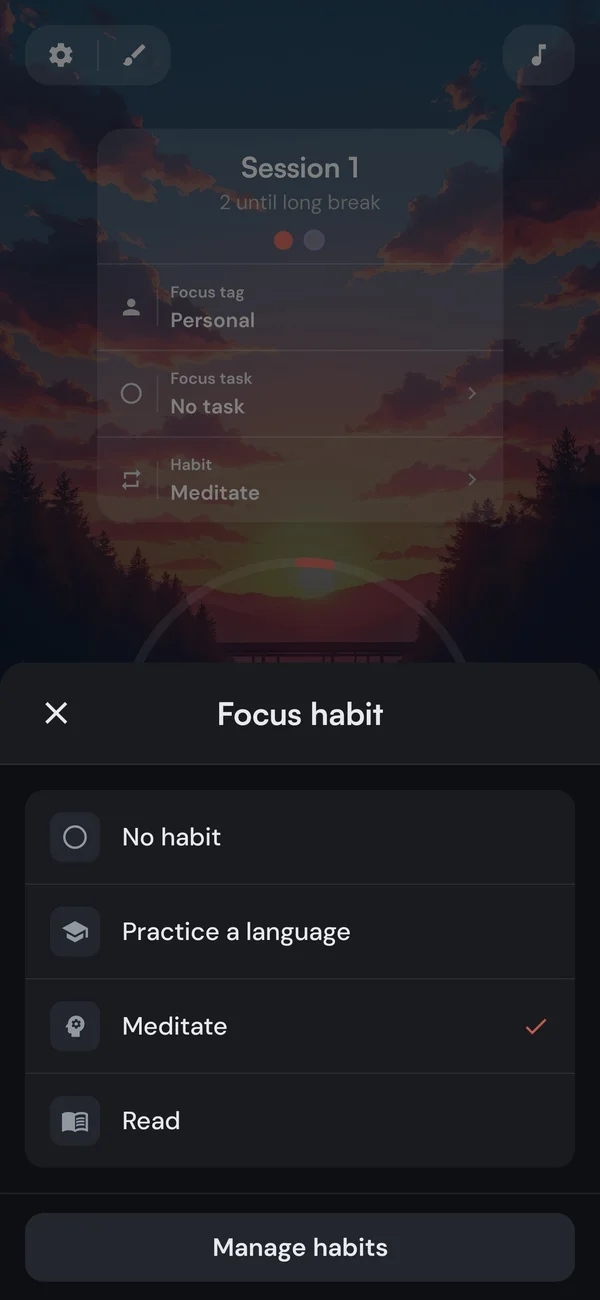 Kaizen Pomodoro timer with an active habit selected