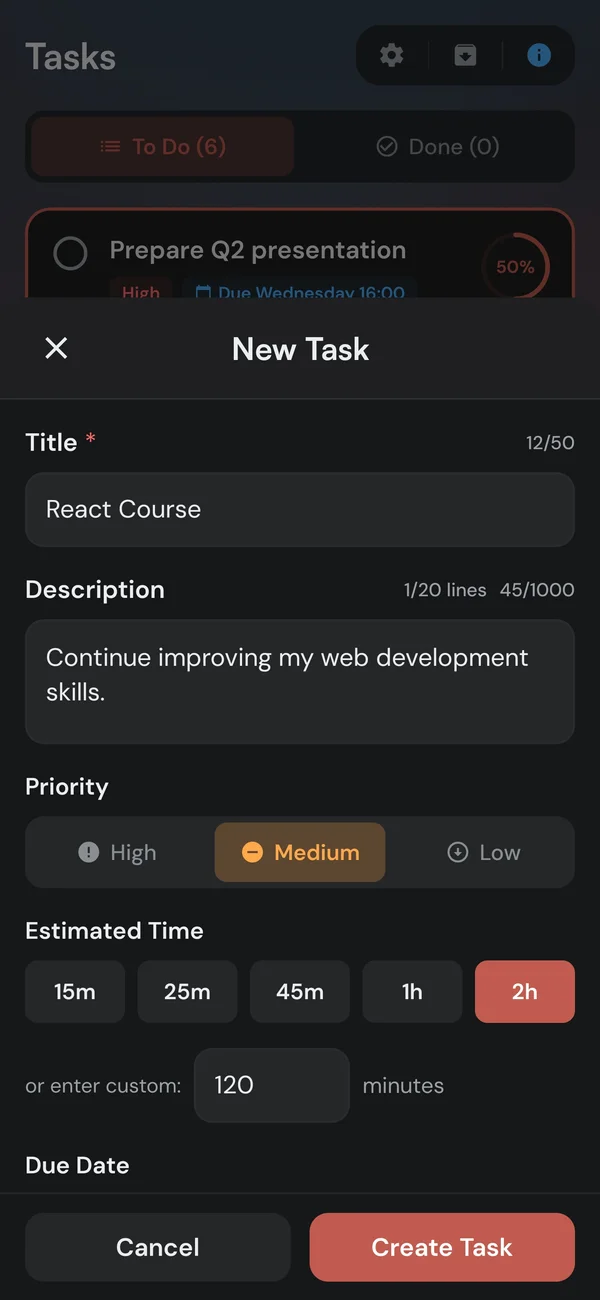 Creating a new Kaizen task with priority, estimate, and due date