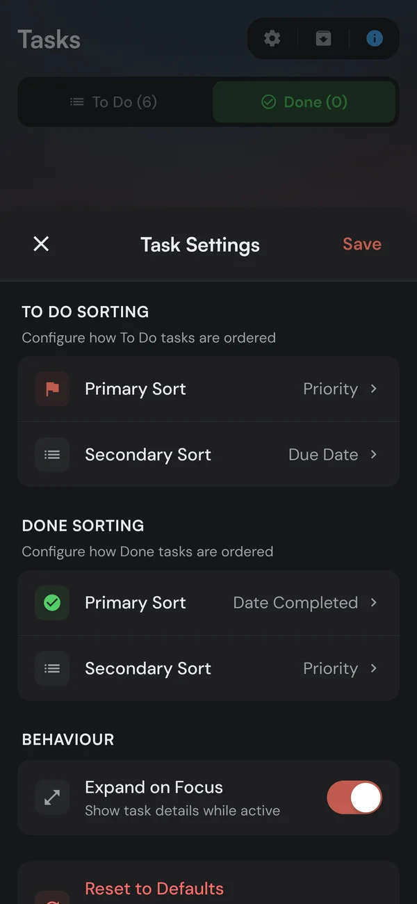 Kaizen task settings with to-do and done sorting options