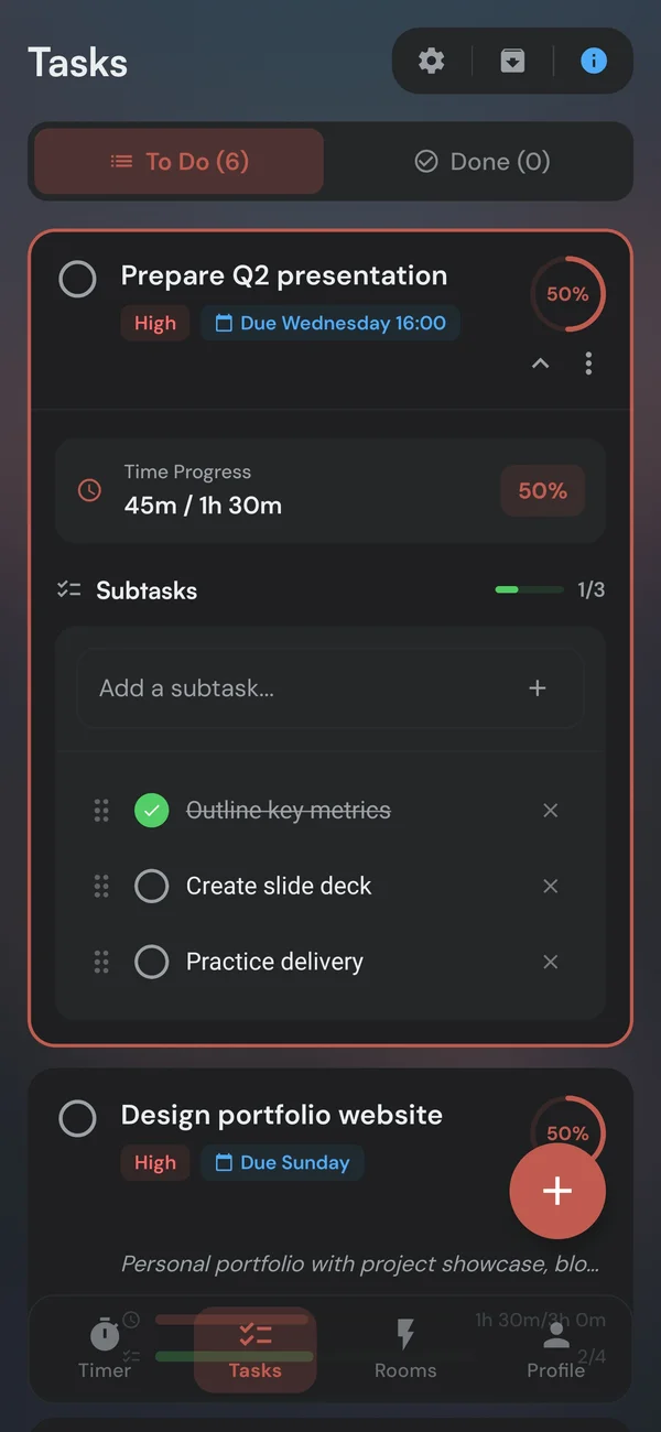 A Kaizen task showing time progress and subtasks