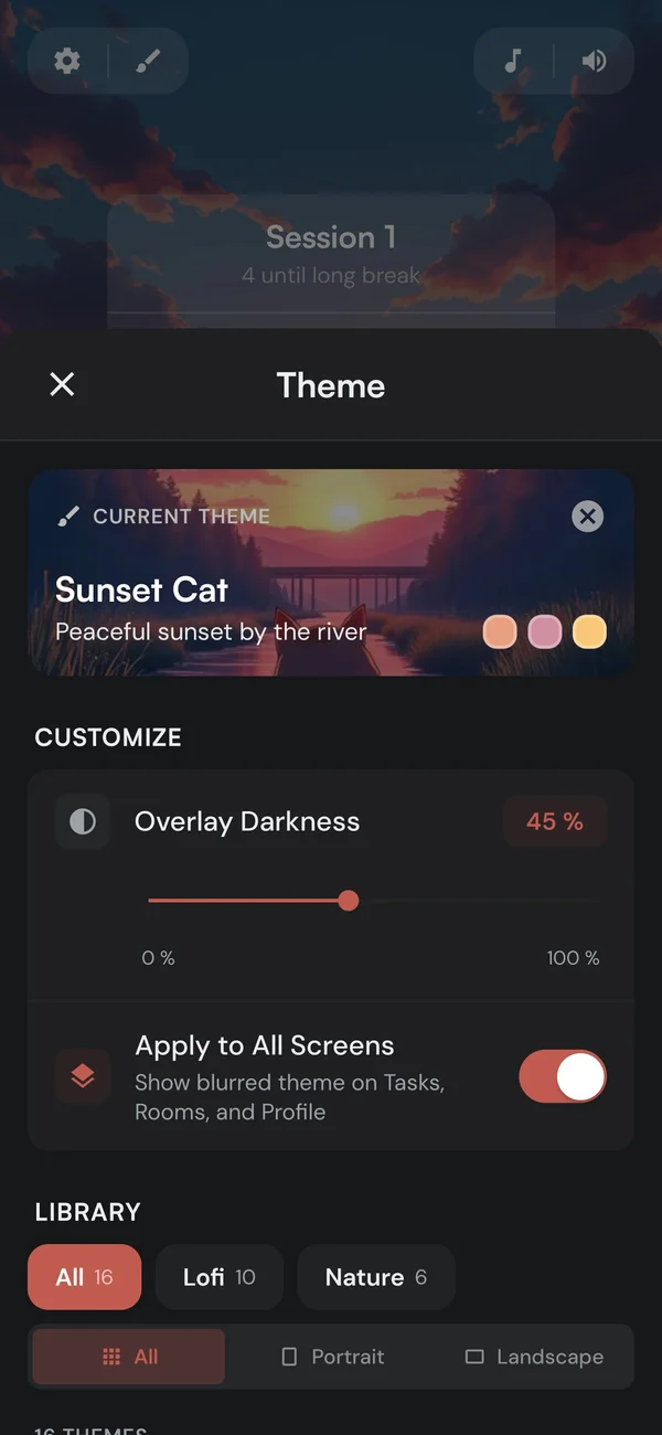 Kaizen theme picker showing all 16 themes