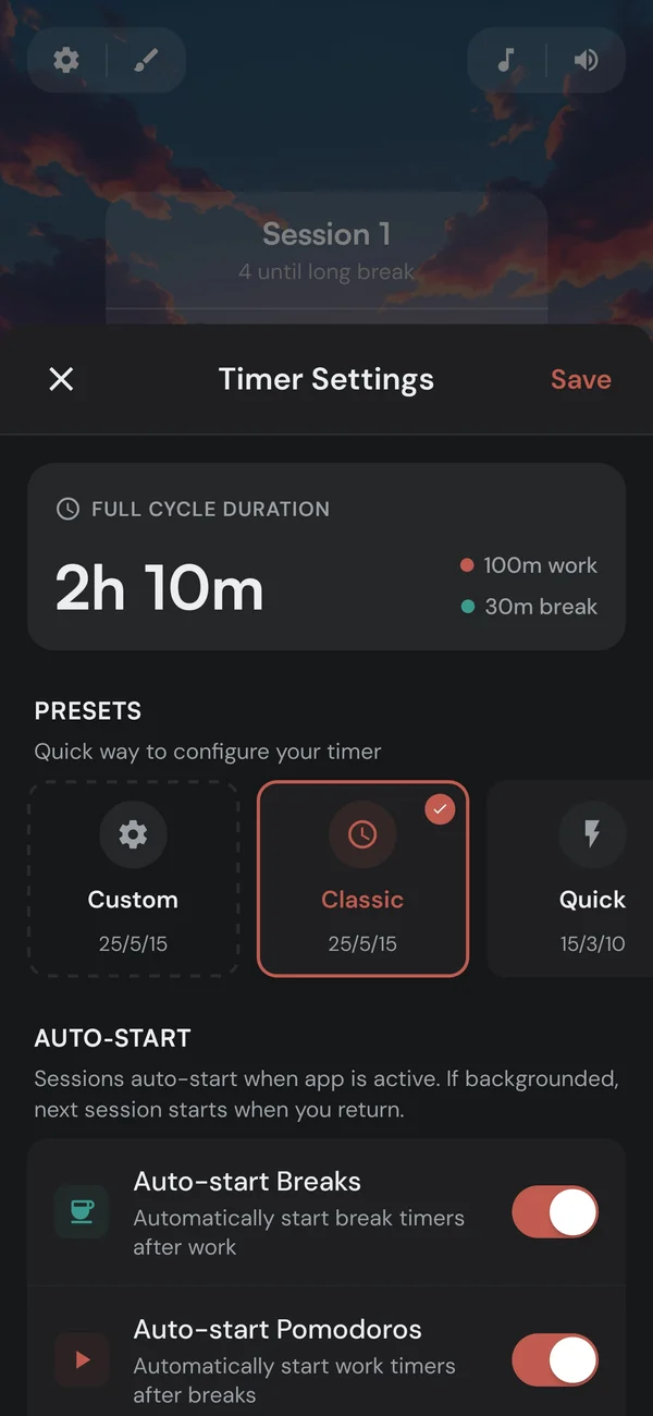Kaizen timer settings with presets and custom session lengths