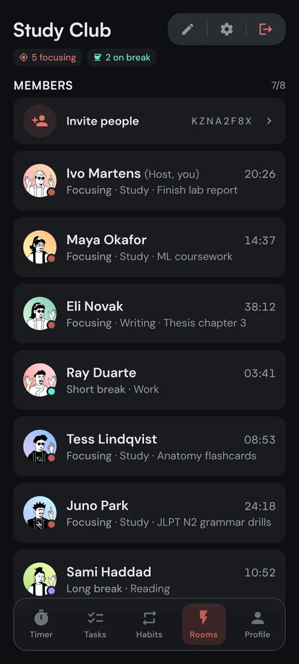 Kaizen on an Android phone: a Focus Room, each member focusing or on a break with their own timer