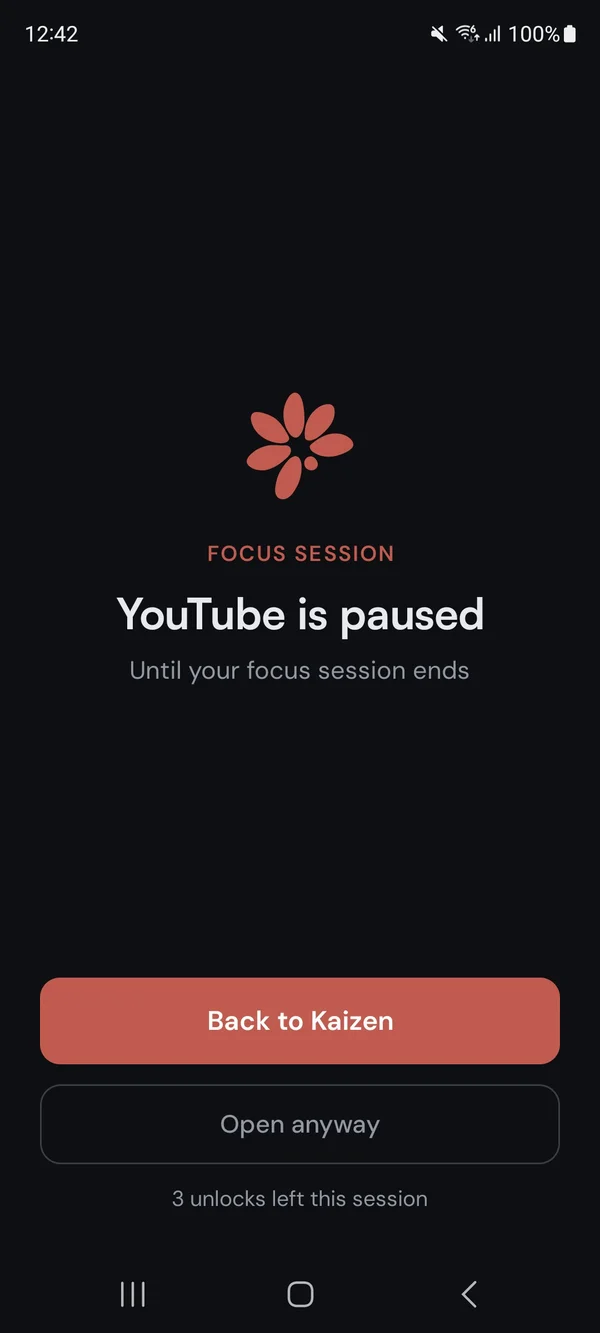 The Kaizen block screen during a focus session: YouTube is paused until the session ends, with Back to Kaizen and Open anyway