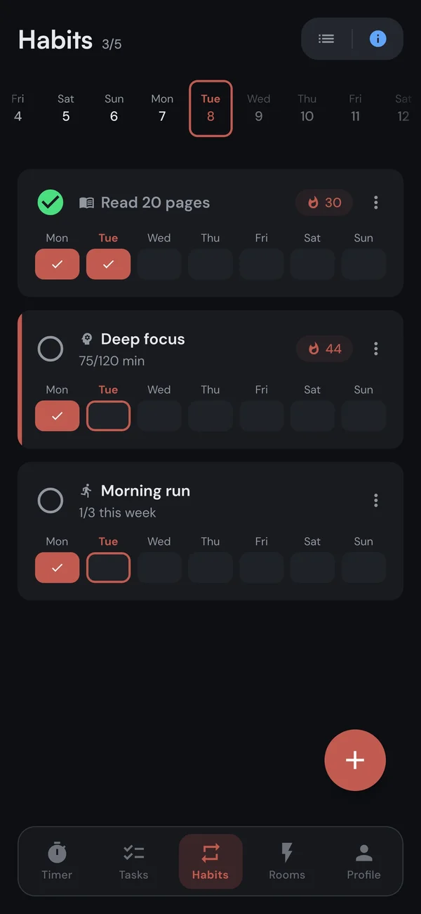 The Kaizen habit list with a day strip and weekly progress