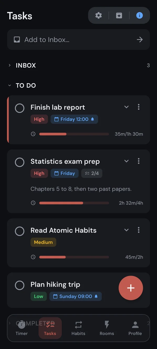 The Kaizen To Do list: tasks with priorities, due dates, and the time tracked against each estimate