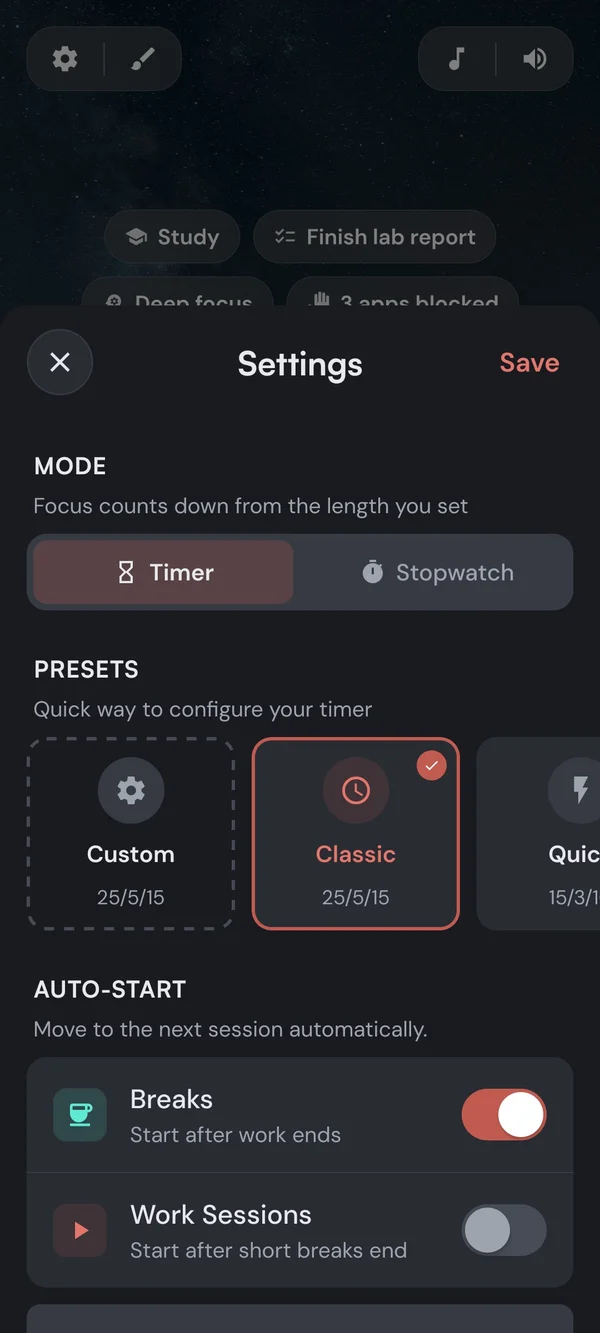 Kaizen timer settings with the Timer and Stopwatch mode switch, the presets, and auto-start switches