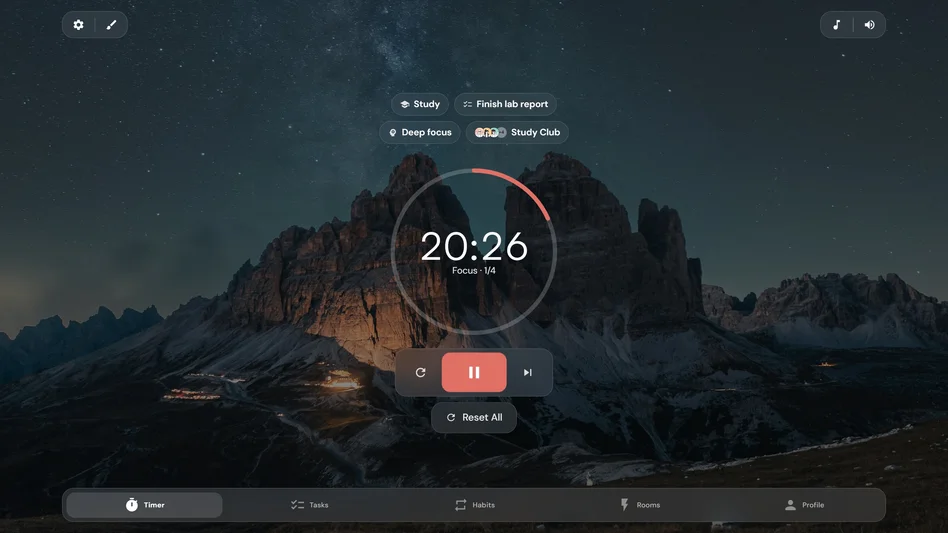 Kaizen on Windows: the timer during a focus session, with a task, a habit, and a Focus Room